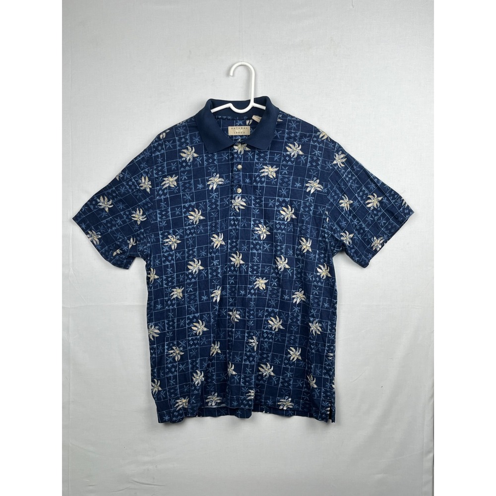 Natural Issue Polo Shirt Mens Large Tropical Palm Floral Grid Navy Blue Cotton L